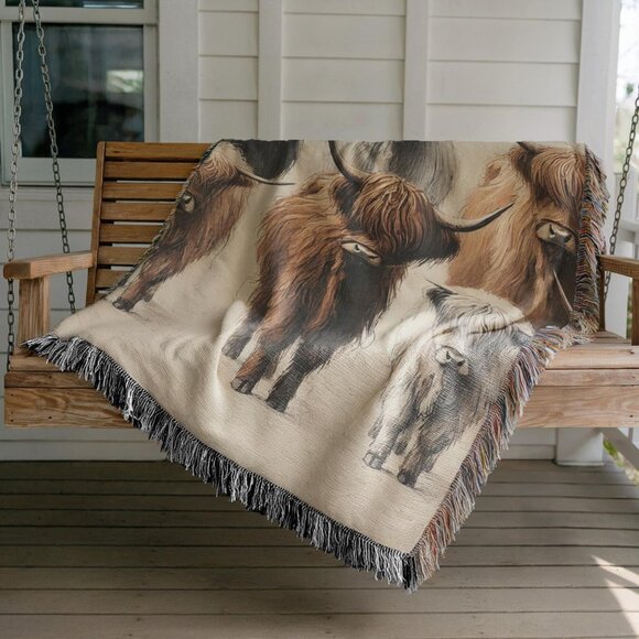 Highland Cow Cotton Woven Throw Blanket Fringe Farmhouse Rustic Decor - Picture 3 of 4